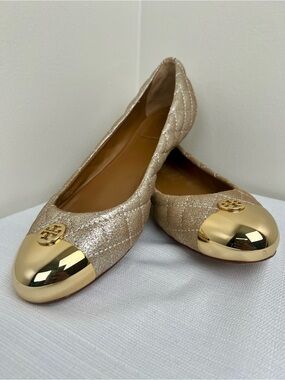 Tory Burch Kaitlin Quilted Metallic Champagne Ballet Flats with Gold Cap Toe